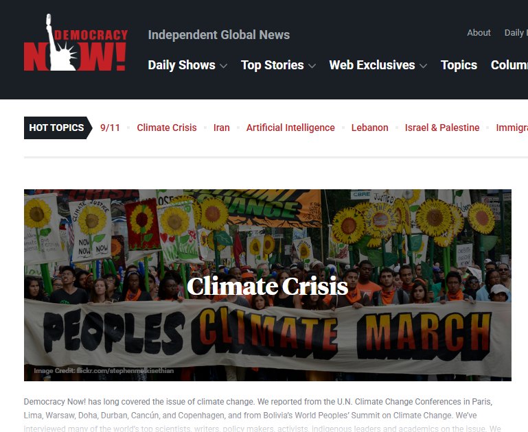 Themenseite „Climate Crisis“ von Democracy Now! mit einem Foto vom Peoples Climate March